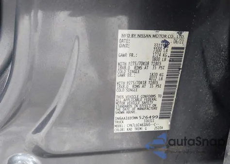 2021 Nissan Titan Pro-4X 4X4 из США, поврежденный, VIN 1N6AA1ED3MN526499